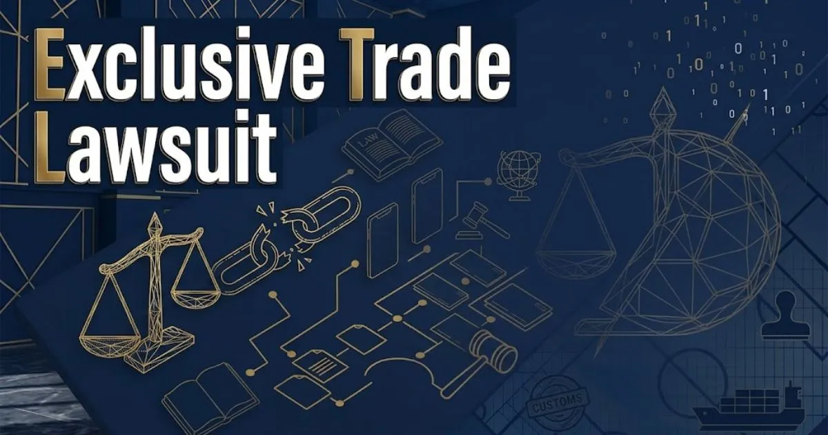 Exclusive trade lawsuit hero banner with legal scales and breaking chain links in navy and gold