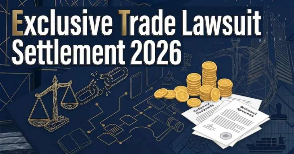 Exclusive trade lawsuit settlement graphic with gold coins, documents, and gavel on navy background