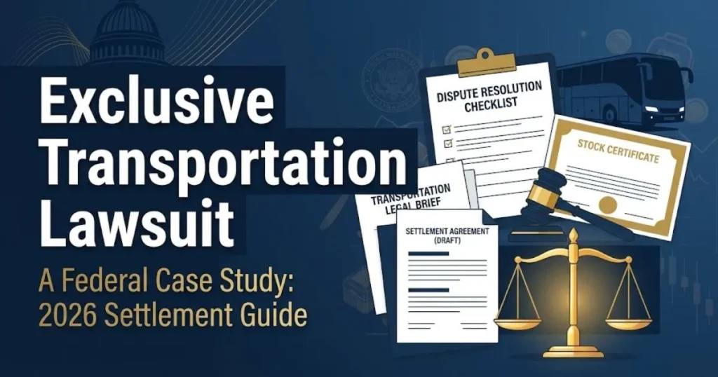 Exclusive transportation lawsuit hero banner with charter bus silhouette and courthouse in navy and gold