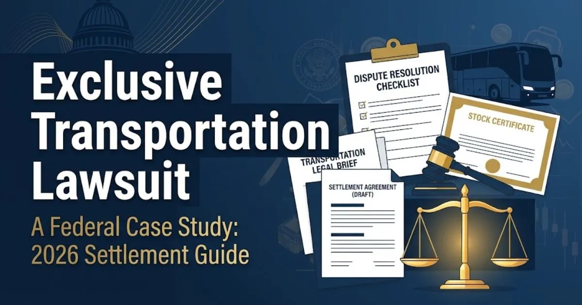 Exclusive transportation lawsuit hero banner with charter bus silhouette and courthouse in navy and gold