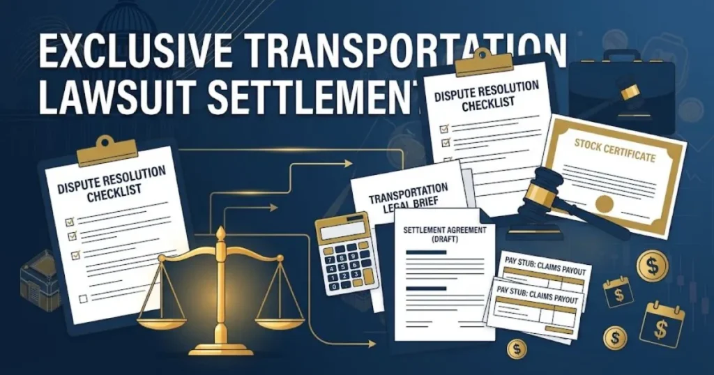 Exclusive transportation lawsuit settlement graphic with legal documents and payout details in navy and gold