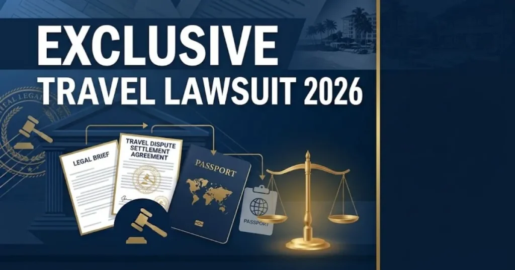 Exclusive travel lawsuit 2026 graphic with legal documents, gavel silhouette, and navy gold color scheme