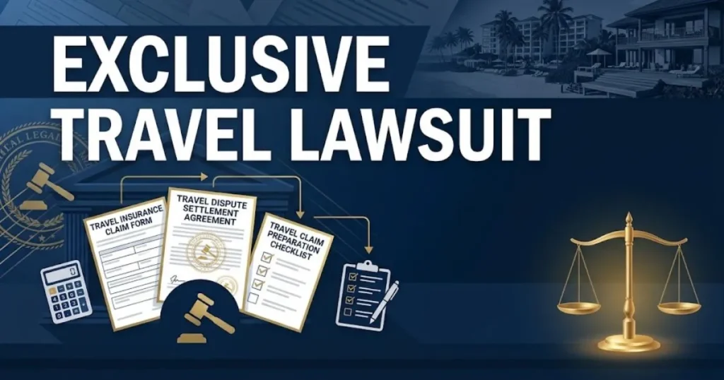 Exclusive travel lawsuit banner with navy background, gold scales of justice, and bold white headline text