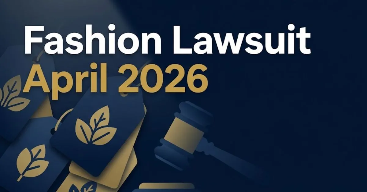 Fashion lawsuit April 2026 hero banner with gavel silhouette and clothing tag icons on navy background