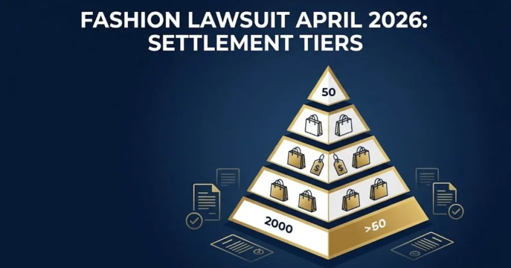 Fashion lawsuit April 2026 settlement tiers infographic with gold pyramid graphic on navy background