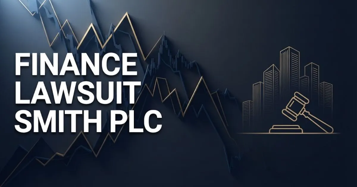 _Finance lawsuit Smith PLC hero banner with falling stock chart graphics and bold white headline text on navy background