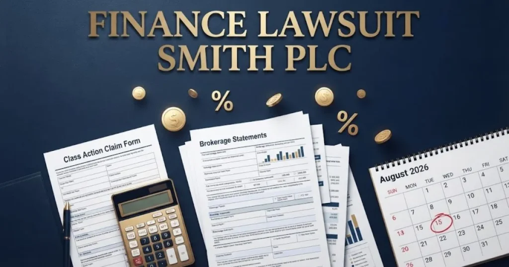 Finance lawsuit Smith PLC settlement filing graphic with legal documents and calendar showing 2026 deadline on navy background