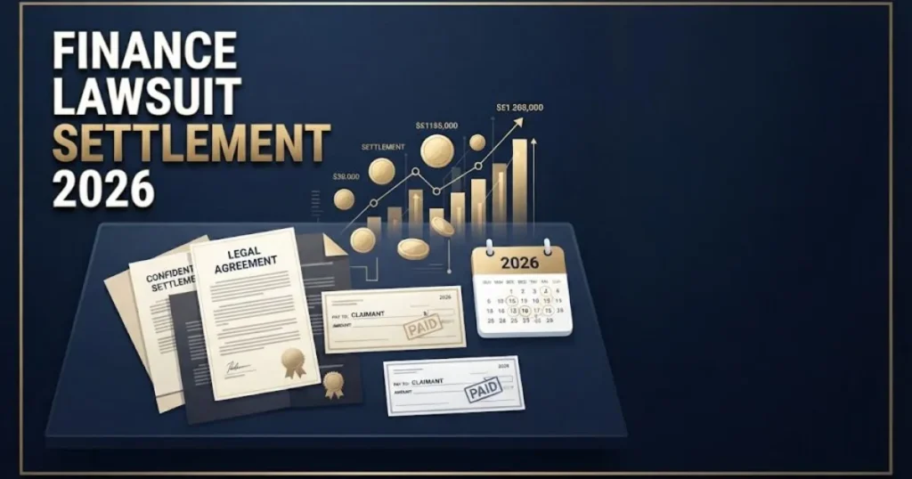 Finance lawsuit settlement 2026 graphic showing legal documents, checks, and deadline calendar on navy background