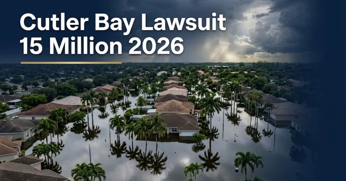 Flooded South Florida neighborhood with bold text reading Cutler Bay Lawsuit 15 Million 2026 in navy and gold editorial banner style