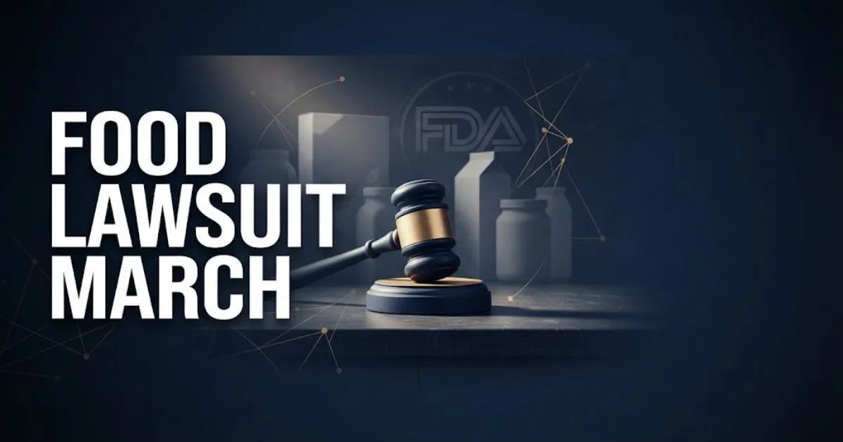 Food Lawsuit March hero banner with gavel and grocery silhouettes on navy background