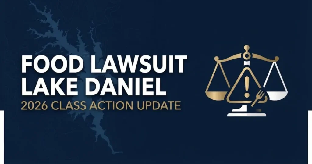 Food lawsuit Lake Daniel 2026 hero banner with legal scales and food safety icons on navy background