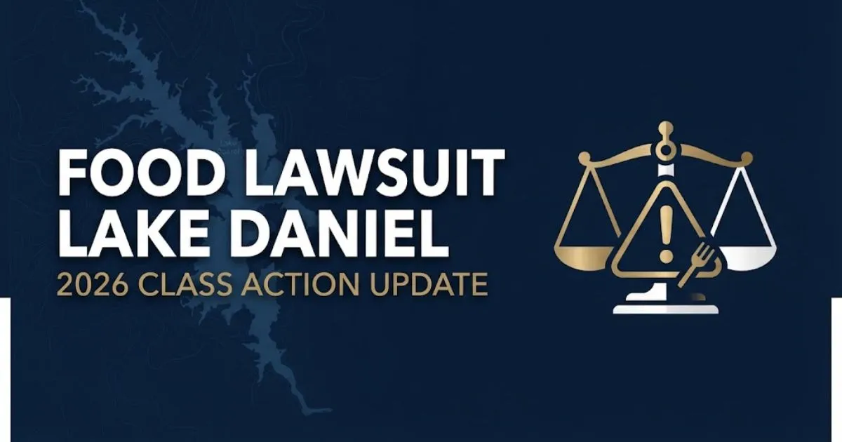 Food lawsuit Lake Daniel 2026 hero banner with legal scales and food safety icons on navy background