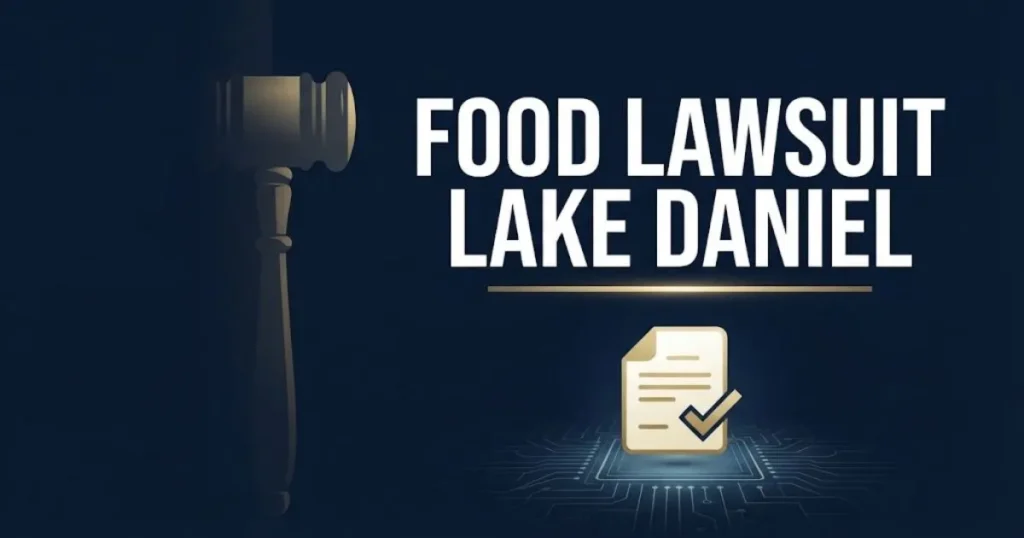 Food lawsuit Lake Daniel settlement graphic with gavel silhouette and claims document on navy background