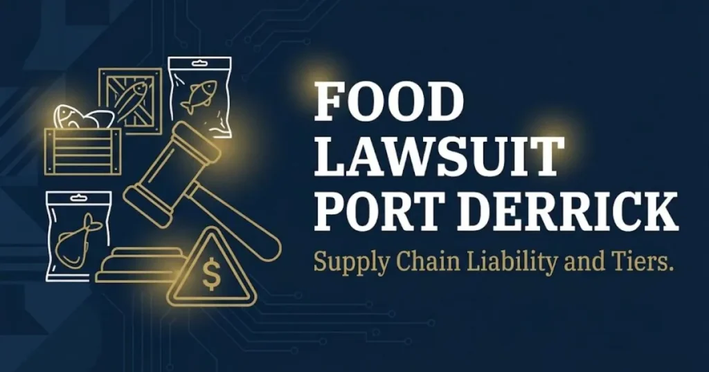 Food lawsuit Port Derrick hero banner with legal gavel and frozen seafood icons on navy background