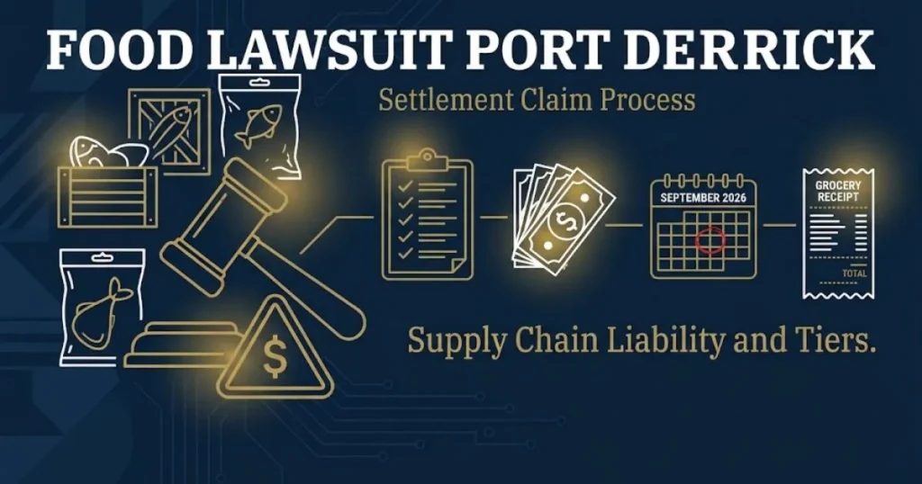 Food lawsuit Port Derrick settlement claim graphic with calendar and payment icons on navy background
