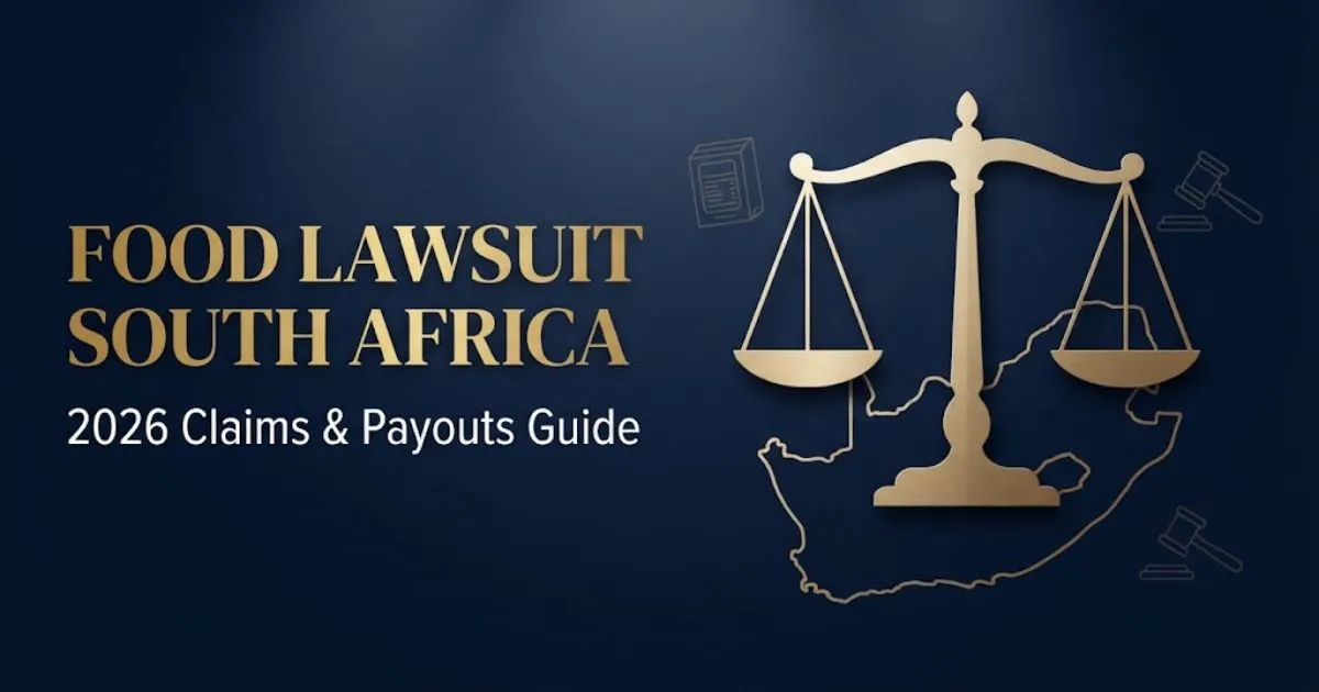 Food lawsuit South Africa 2026 banner with scales of justice and SA map outline in navy and gold.