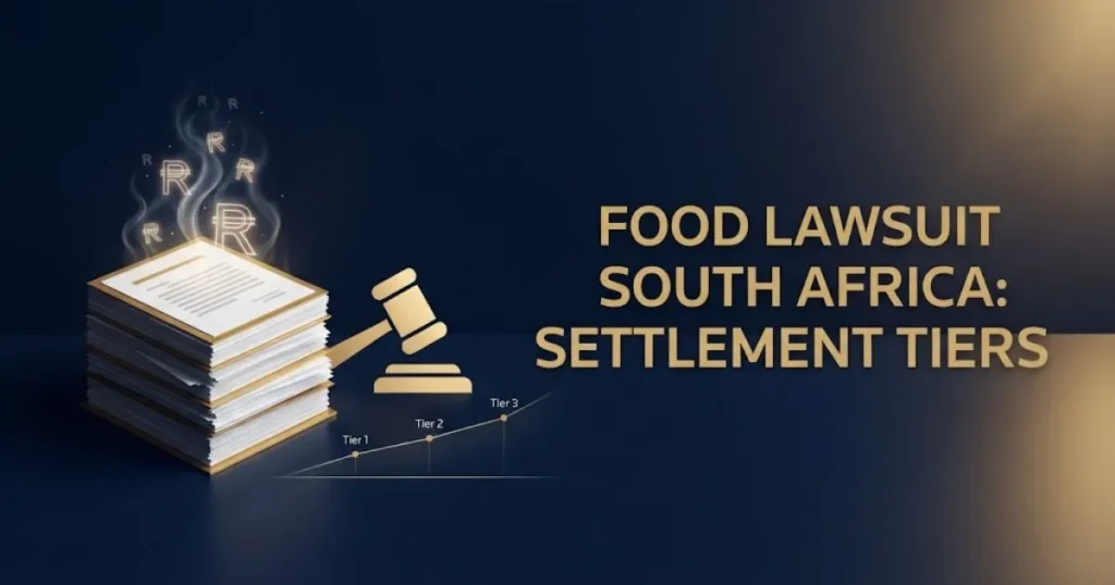 Food lawsuit South Africa settlement tiers graphic showing documents, rand symbols, and gavel in gold.