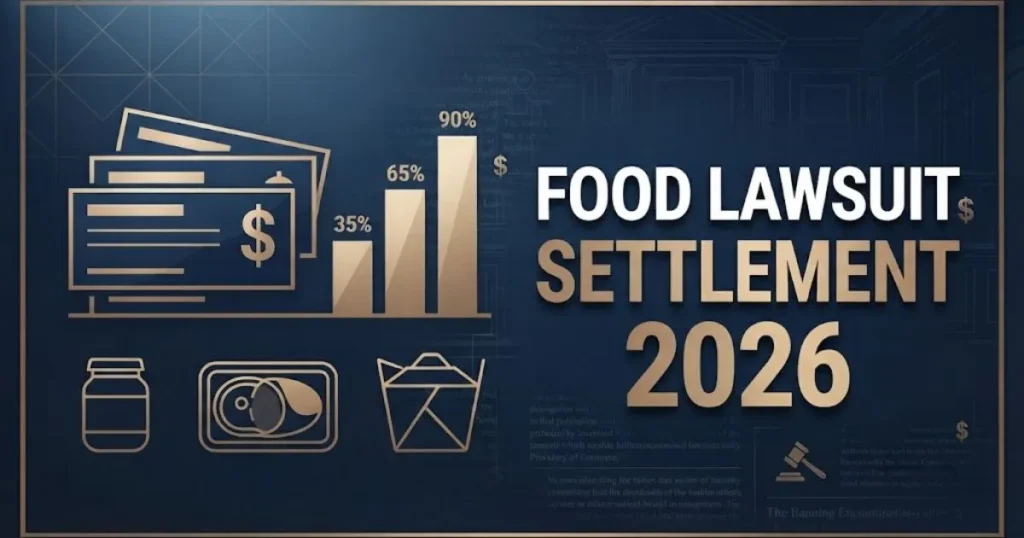 Food lawsuit settlement 2026 infographic showing checks, payout chart, and food product icons on navy background.