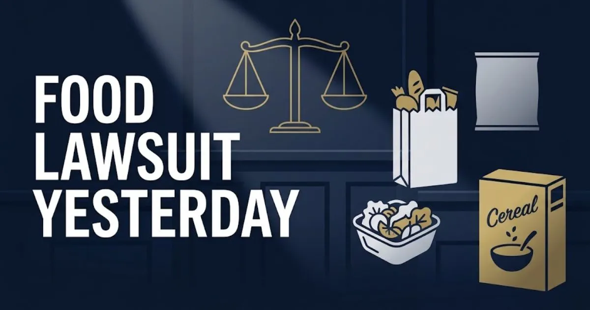 Food lawsuit yesterday hero banner with legal scales and grocery icons on navy background