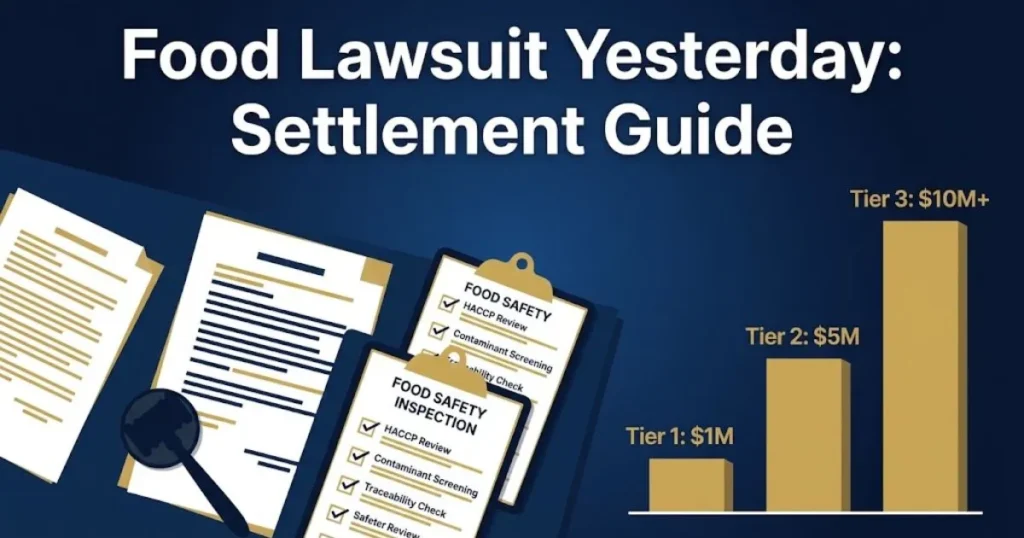 Food lawsuit yesterday settlement guide graphic with legal documents and tier chart