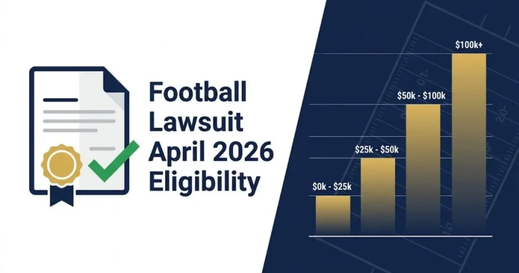 Football lawsuit April 2026 eligibility and settlement payout tiers infographic on navy and white