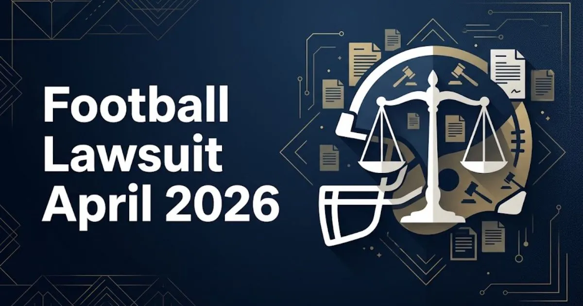 Football lawsuit April 2026 hero banner with helmet silhouette and justice scales on navy background