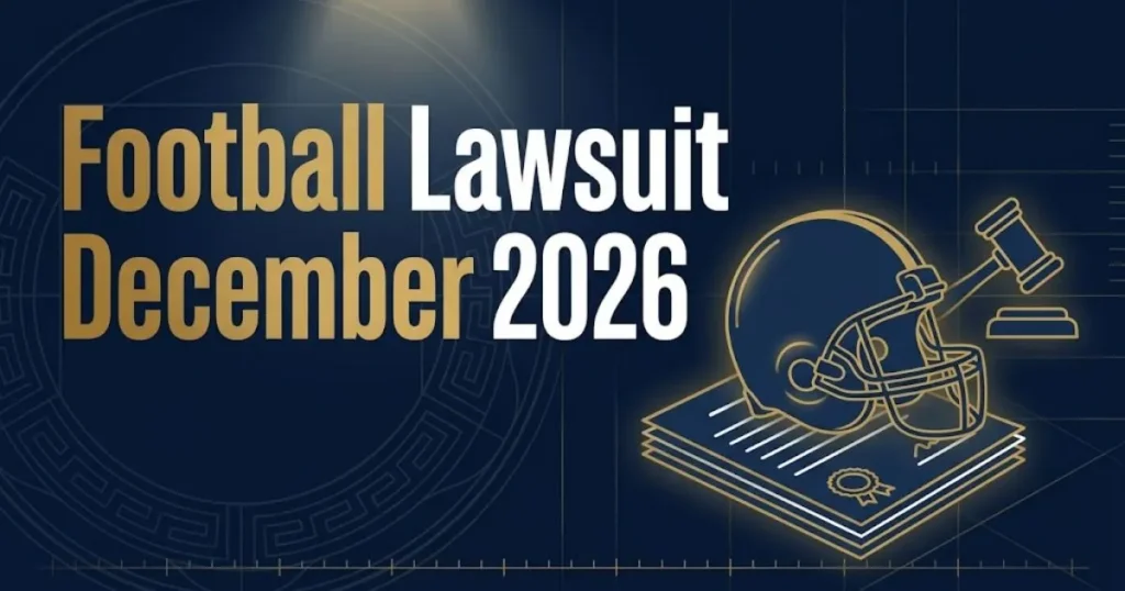 Football lawsuit December 2026 hero banner with legal helmet and gavel icons on navy background
