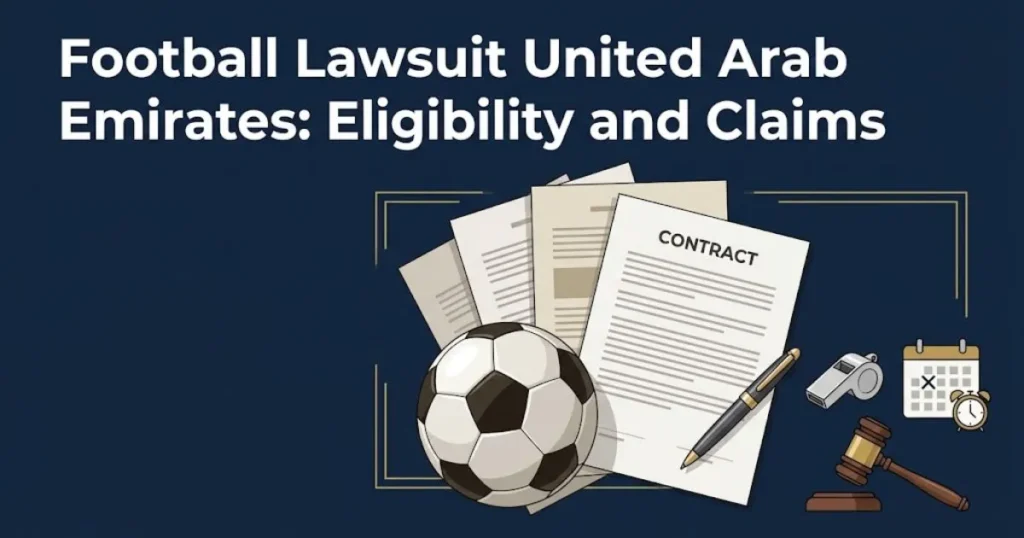 Football lawsuit United Arab Emirates eligibility graphic with legal documents and football on navy background