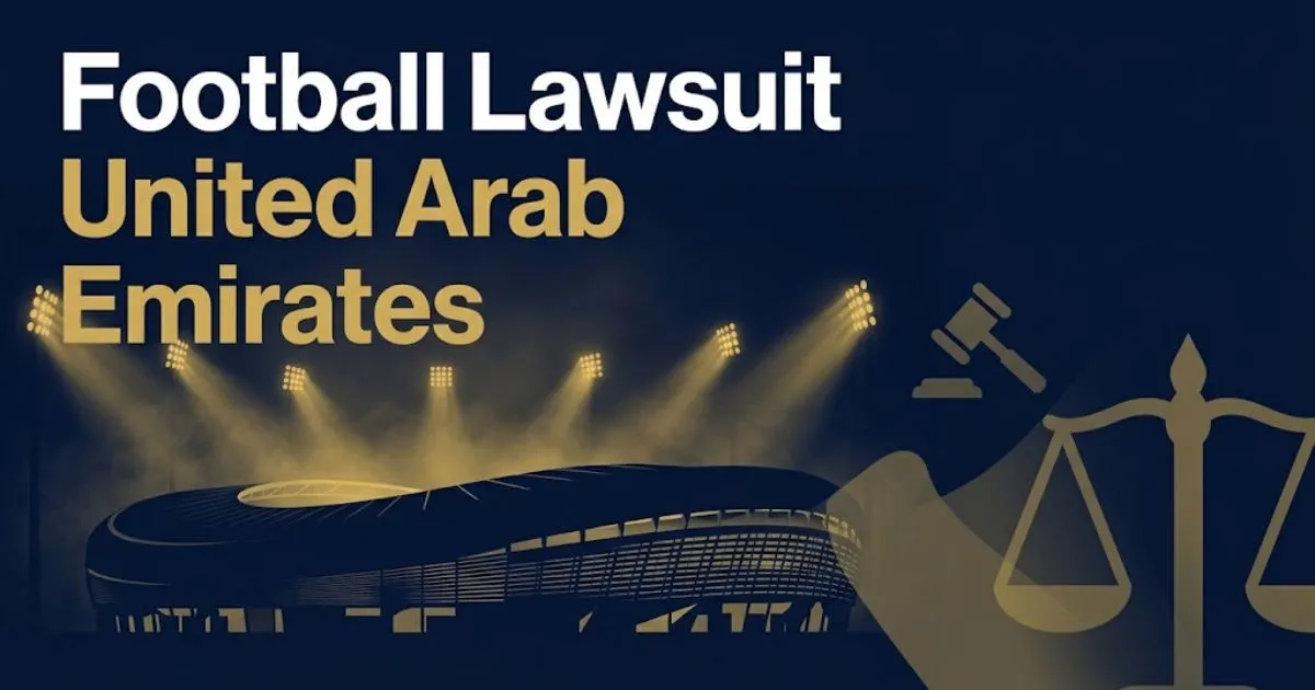 Football lawsuit United Arab Emirates hero banner with stadium silhouette and legal symbols in navy and gold