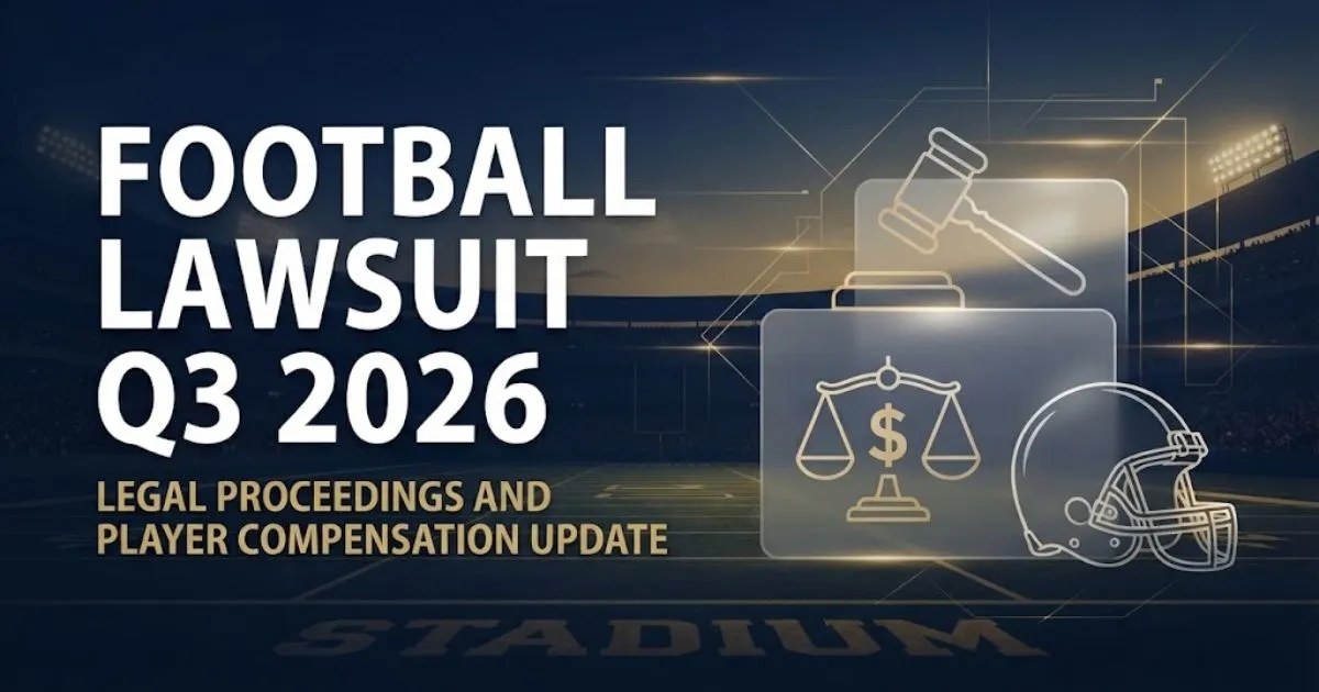 Football lawsuit q3 2026 hero banner with football field, gavel, and scales of justice in navy and gold