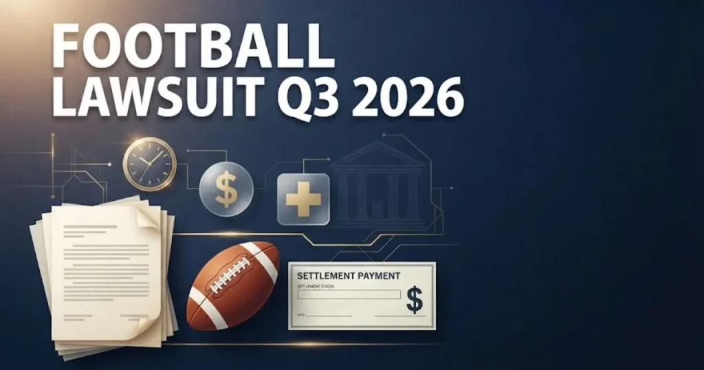 Football lawsuit q3 2026 supporting graphic with legal documents, football, and settlement icons in navy and gold