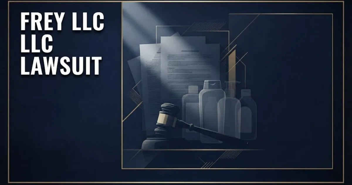 Frey LLC lawsuit hero banner with legal documents and gavel silhouette in navy and gold tone
