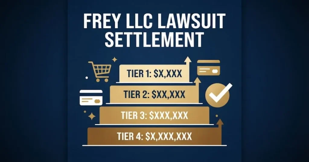 Frey LLC lawsuit settlement tiered payout infographic with navy and gold design elements