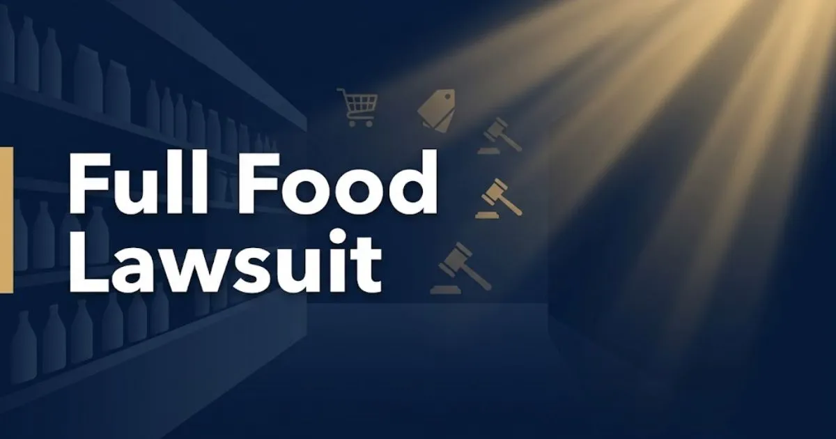 Full food lawsuit hero banner with legal and grocery imagery in navy and gold tones