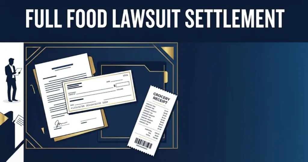 Full food lawsuit settlement graphic showing legal documents and grocery receipt on navy background