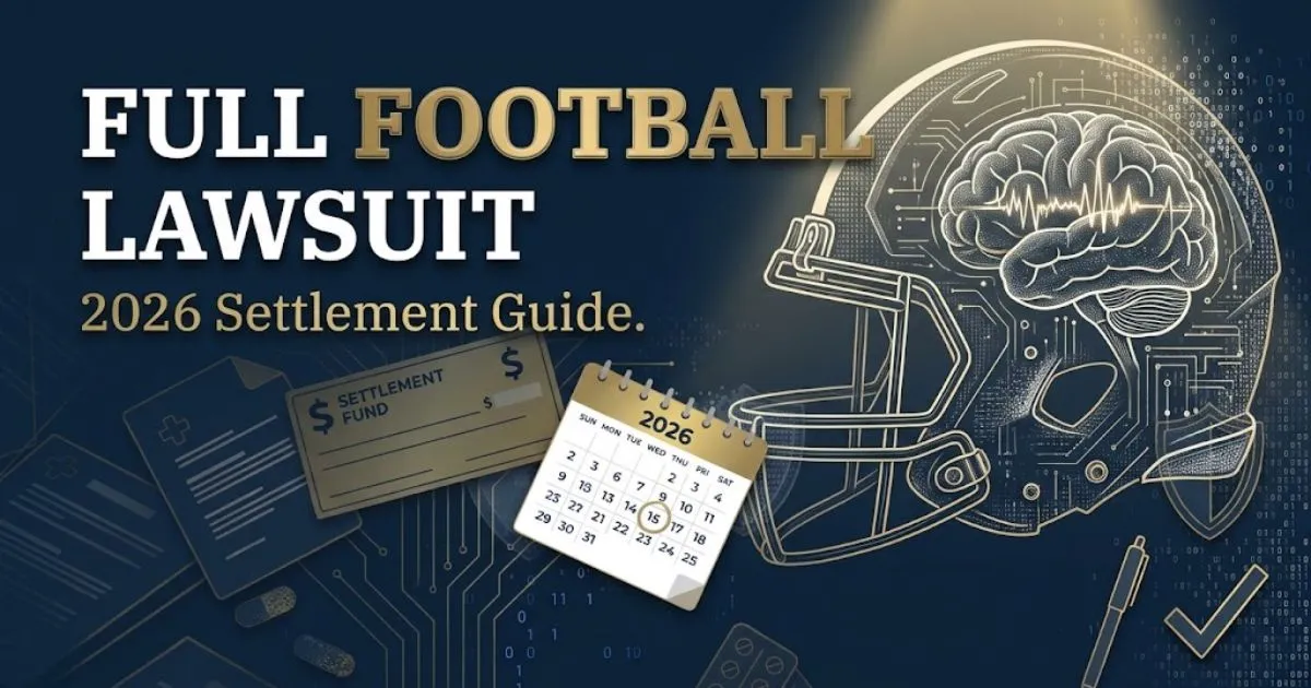 Full football lawsuit 2026 hero banner with football helmet silhouette and brain scan icon on navy background