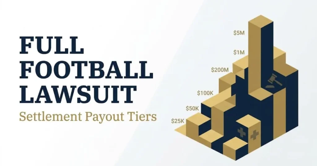 Full football lawsuit settlement payout tiers graphic with abstract bar chart and legal icons on white background