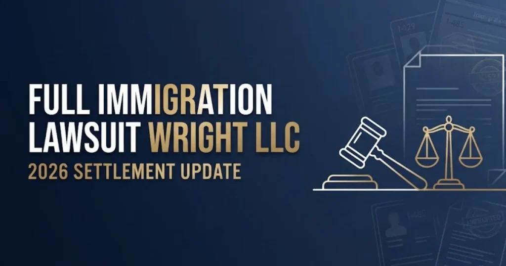 Full immigration lawsuit Wright LLC 2026 settlement update banner with legal symbols on navy background