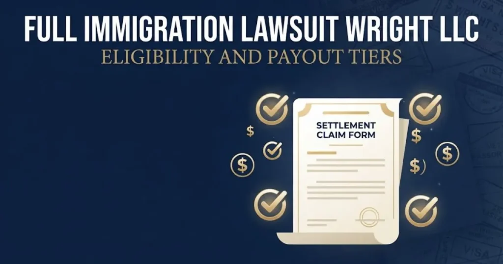 Full immigration lawsuit Wright LLC eligibility and payout tiers graphic with claim form illustration