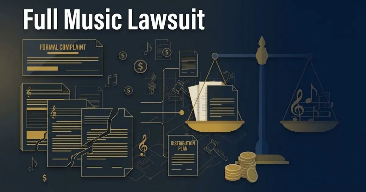 Full music lawsuit hero banner with legal and music symbols in navy and gold editorial design
