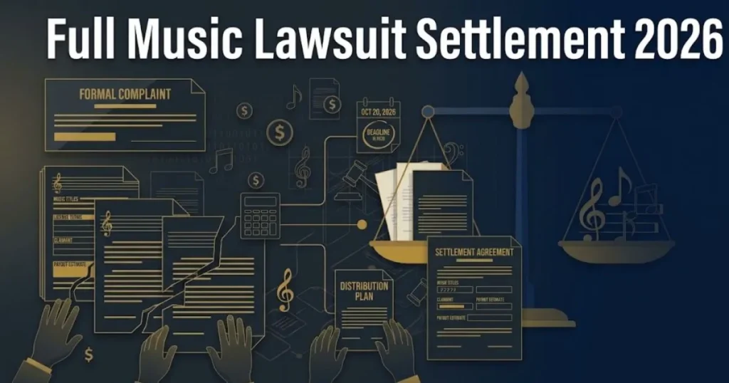 Full music lawsuit settlement 2026 graphic with documents, calendar, and dollar icons in navy and gold