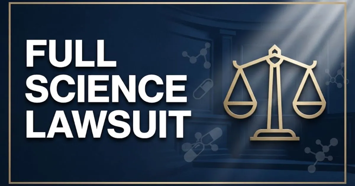 Full science lawsuit hero banner with scales of justice and supplement icons on navy background