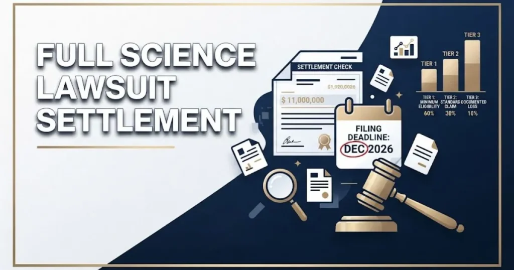Full science lawsuit settlement graphic with check, calendar, and payout tier icons on navy background