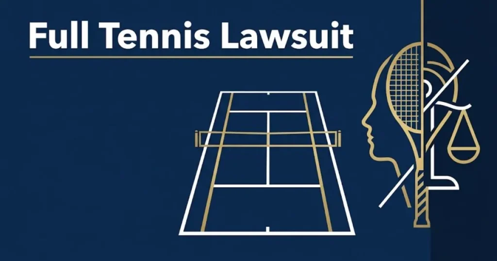 Full tennis lawsuit banner with navy blue tennis court design and gold legal scales imagery