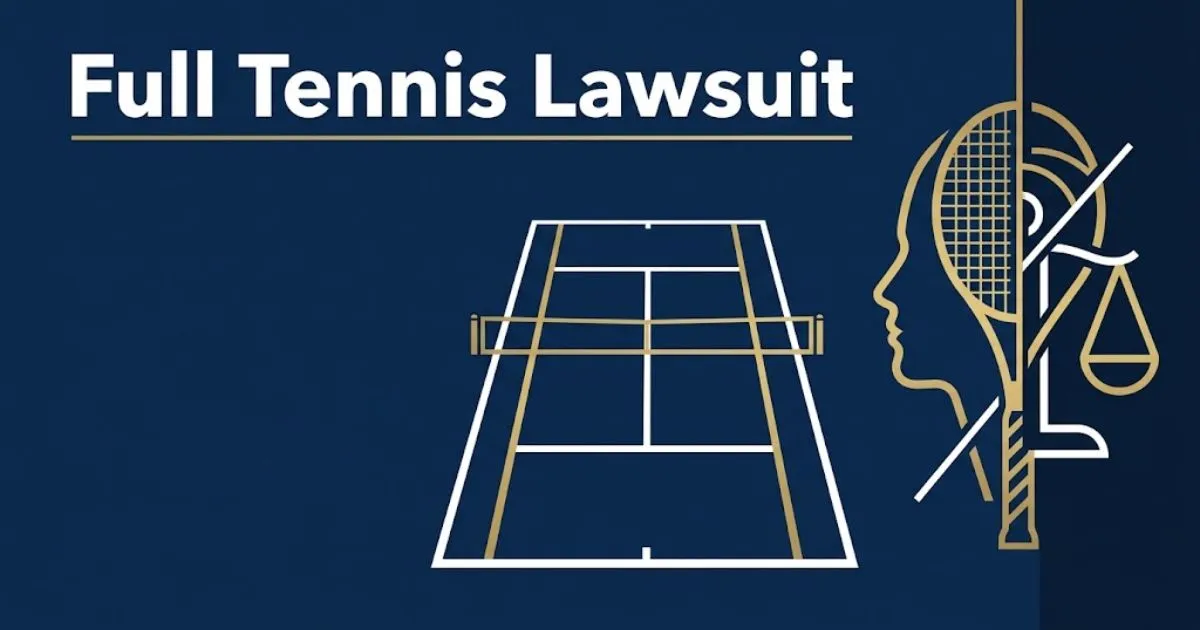 Full tennis lawsuit banner with navy blue tennis court design and gold legal scales imagery