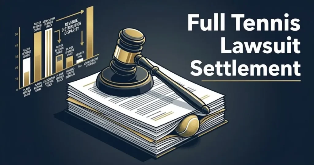 Full tennis lawsuit settlement graphic with courtroom gavel, legal documents, and revenue chart