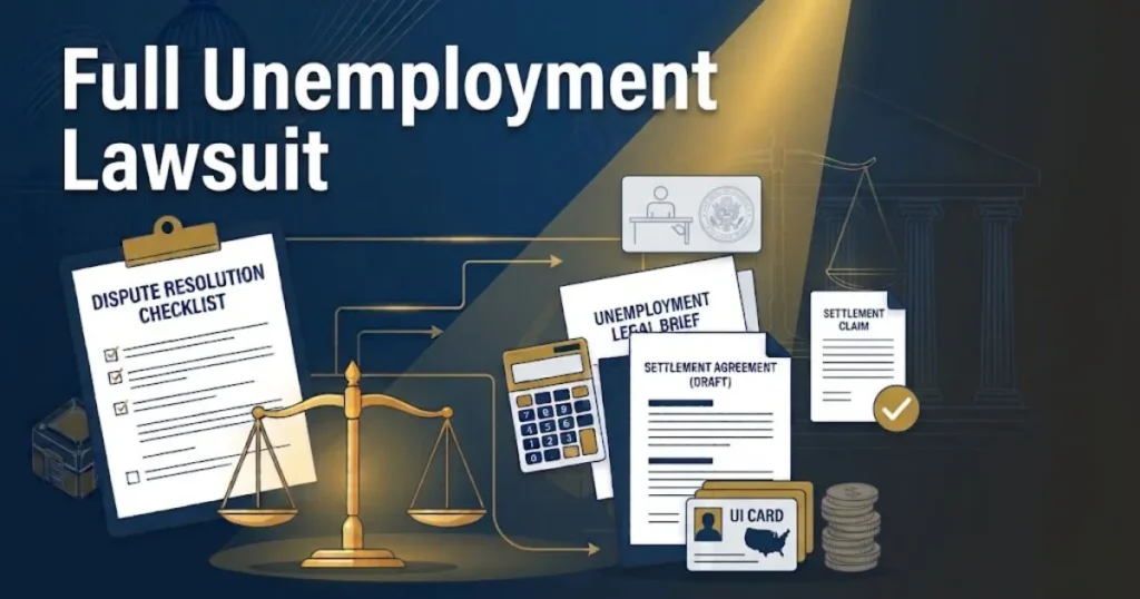 Full unemployment lawsuit hero banner with legal scales in navy and gold tones