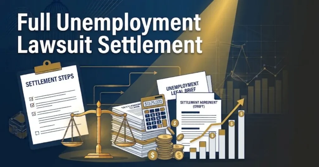 Full unemployment lawsuit settlement graphic with documents and payout charts