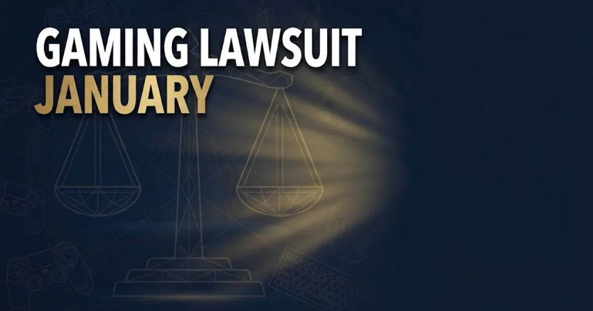 Gaming Lawsuit January hero banner with legal scales and gaming controller silhouettes on navy background