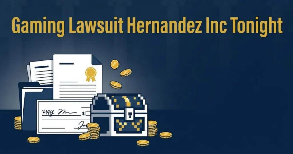 Gaming lawsuit Hernandez Inc Tonight settlement graphic with legal documents and loot box icons